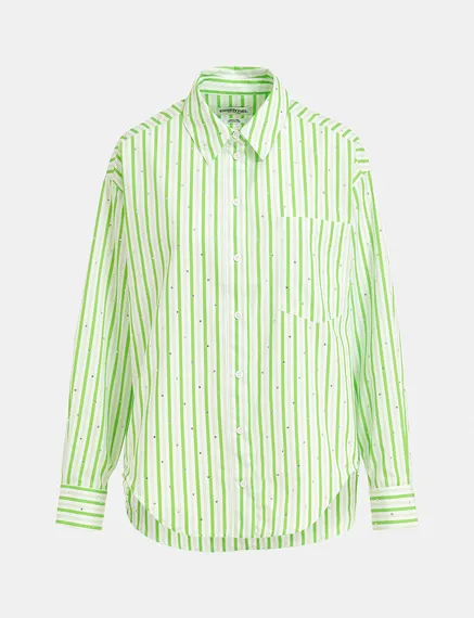 White and green striped cotton shirt with rhinestone embellishments