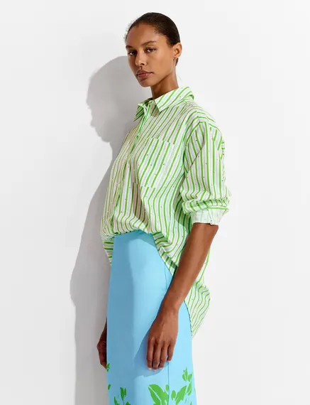 White and green striped cotton shirt with rhinestone embellishments