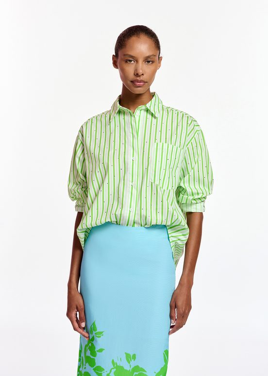 White and green striped cotton shirt with rhinestone embellishments