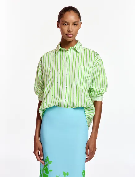 White and green striped cotton shirt with rhinestone embellishments