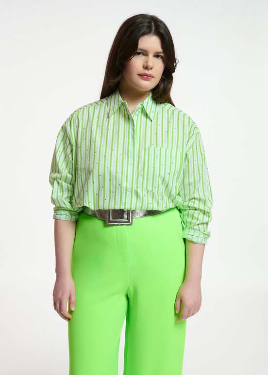 White and green striped cotton shirt with rhinestone embellishments