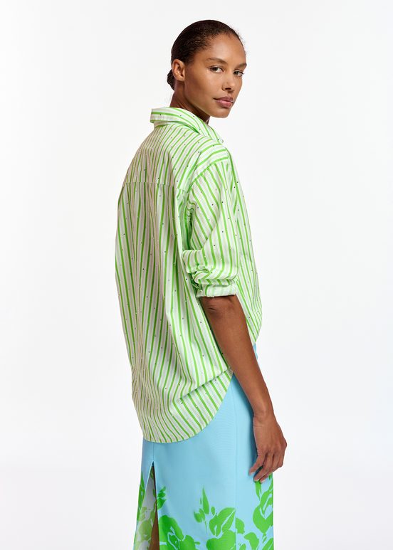 White and green striped cotton shirt with rhinestone embellishments