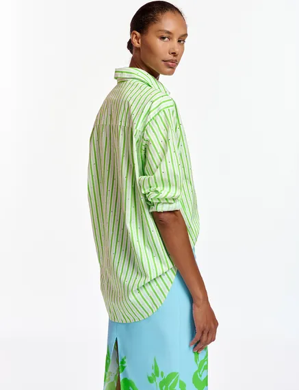 White and green striped cotton shirt with rhinestone embellishments