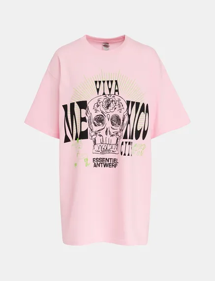 Lichtroze katoenen T-shirt met tekst - Exclusief online