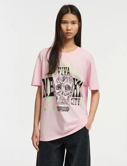 Hellrosas Baumwoll-T-Shirt mit Text-Print - Exklusiv online