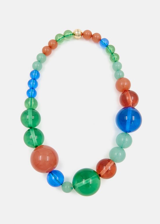 Collier de perles en résine vert, bleu et brun