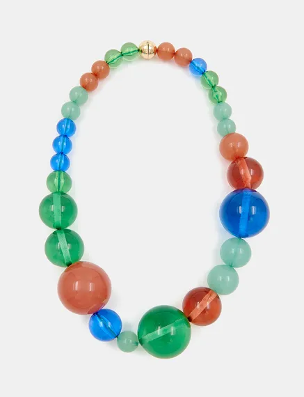 Collier de perles en résine vert, bleu et brun