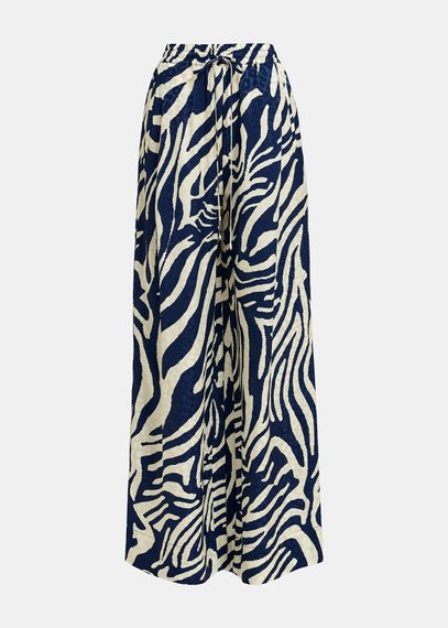 Navy blue and off-white zebra-print wide-leg pants