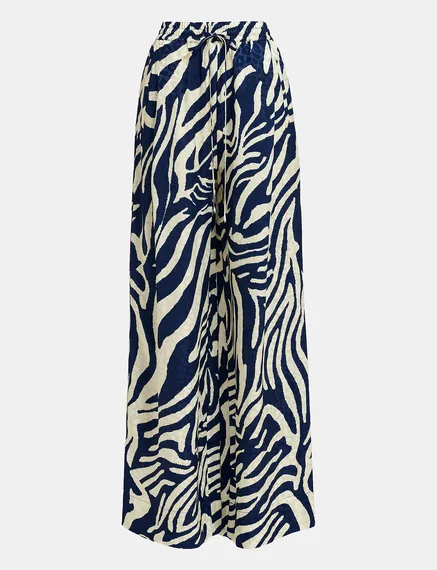 Pantalon large en jacquard zèbre bleu marine et blanc cassé