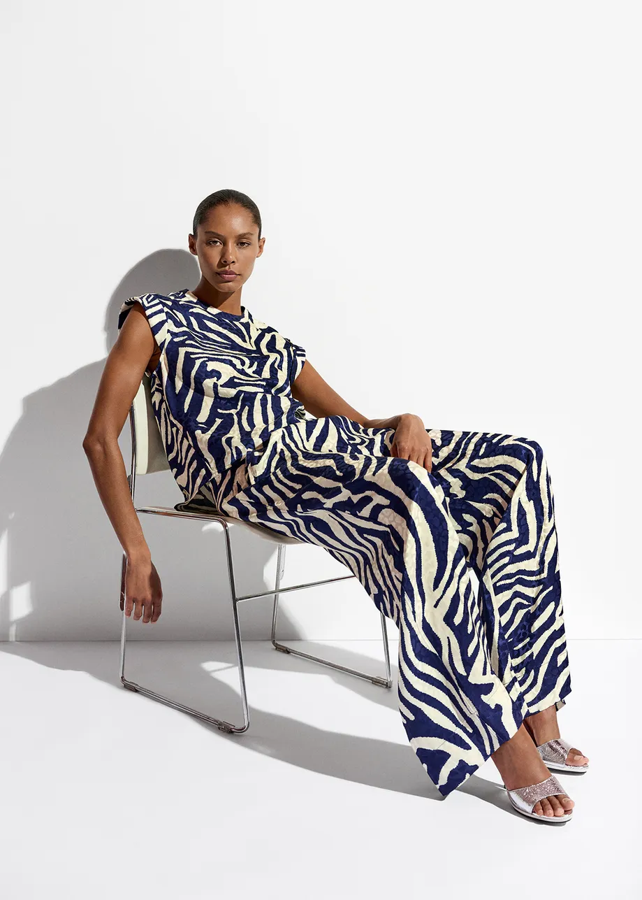 Navy blue and off-white zebra-print wide-leg pants