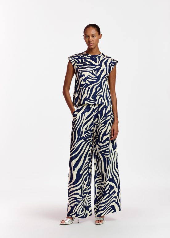 Navy blue and off-white zebra-print wide-leg pants