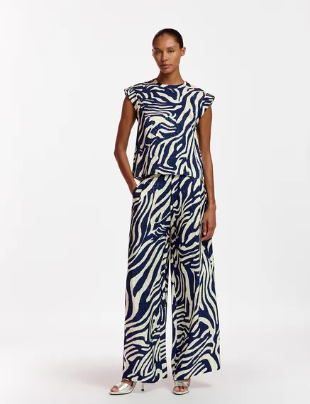 Navy blue and off-white zebra-print wide-leg pants