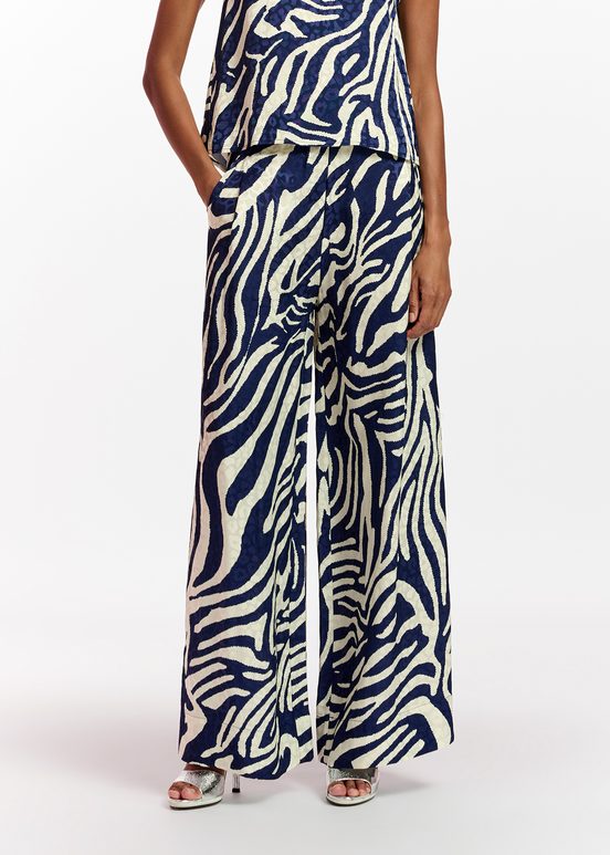 Navy blue and off-white zebra-print wide-leg pants