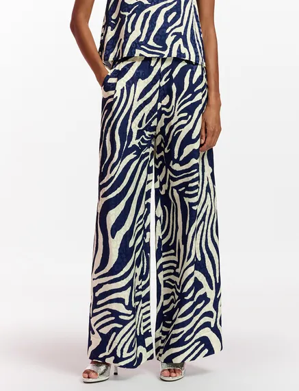 Navy blue and off-white zebra-print wide-leg pants