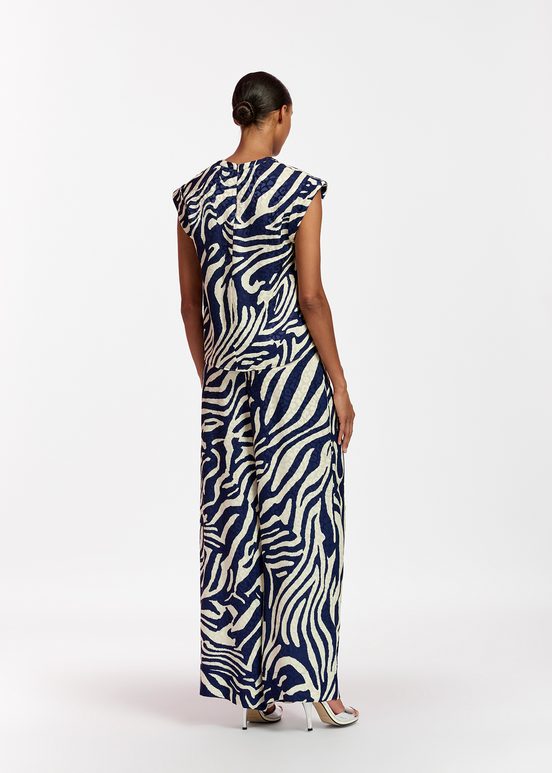 Navy blue and off-white zebra-print wide-leg pants