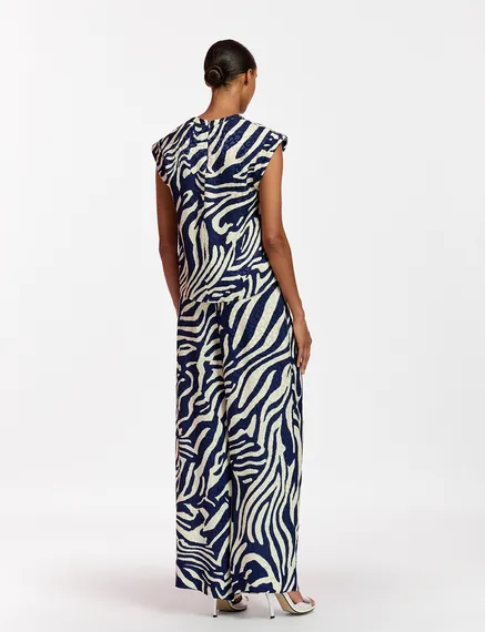 Navy blue and off-white zebra-print wide-leg pants