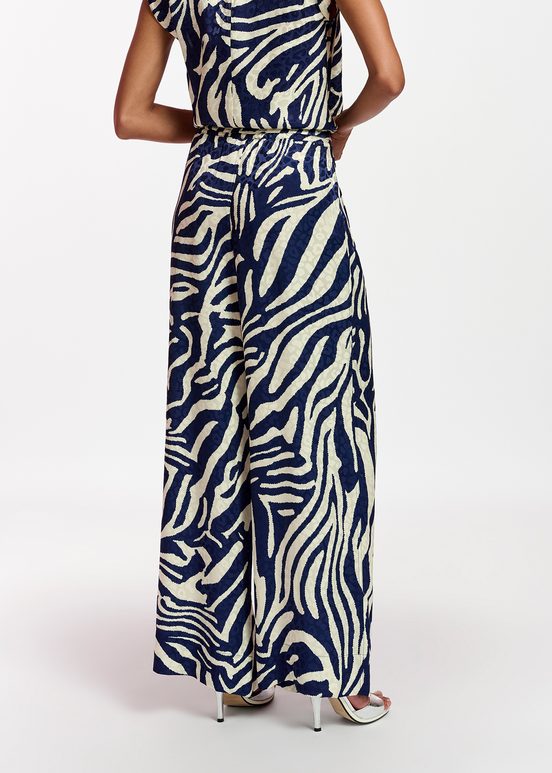 Navy blue and off-white zebra-print wide-leg pants