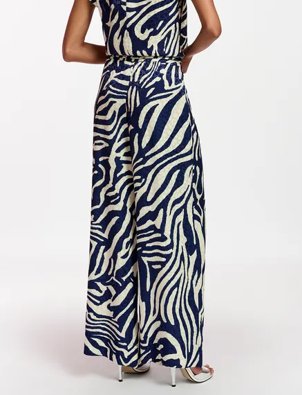 Navy blue and off-white zebra-print wide-leg pants