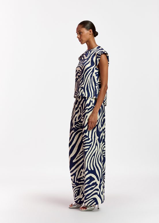 Navy blue and off-white zebra-print wide-leg pants