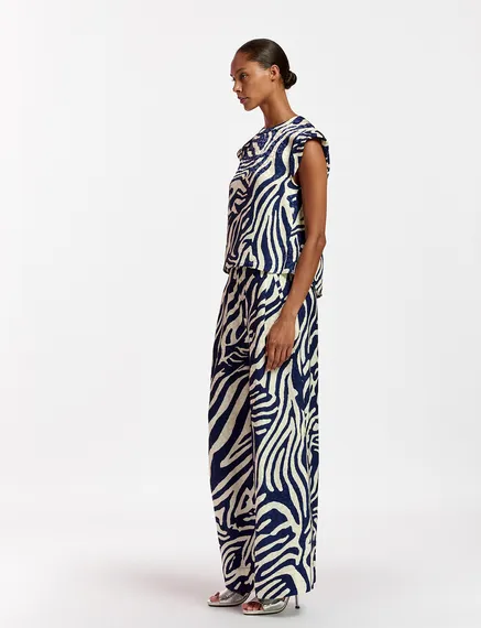 Navy blue and off-white zebra-print wide-leg pants