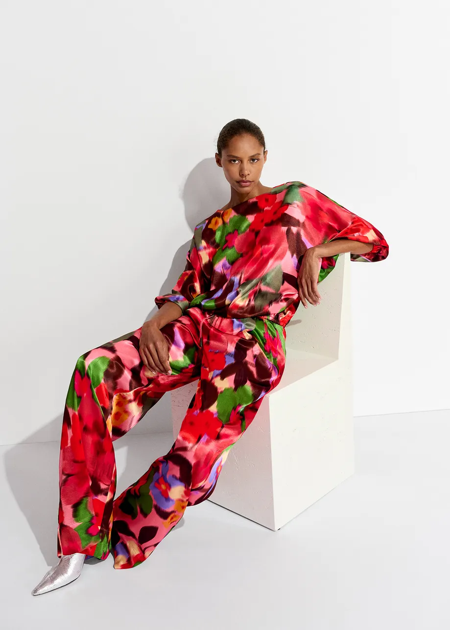 Multicolor floral print wide-leg pants