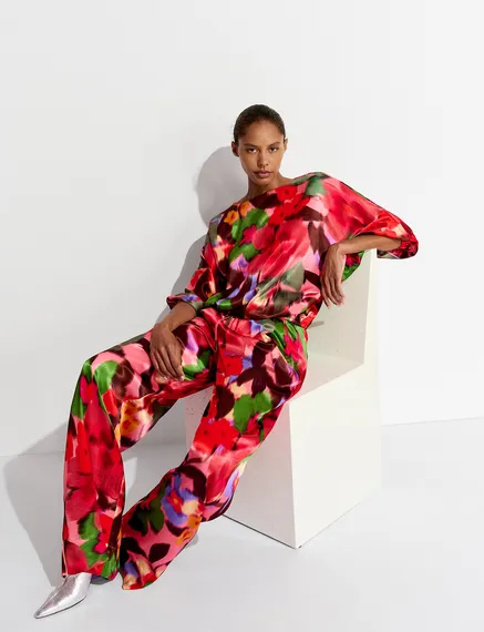 Multicolor floral print wide-leg pants