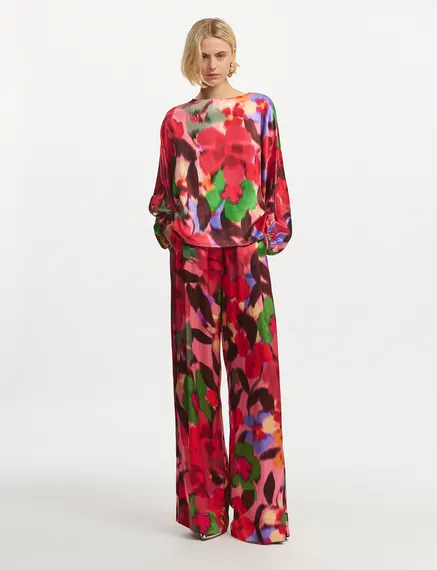 Multicolor floral print wide-leg pants