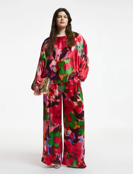 Multicolor floral print wide-leg pants