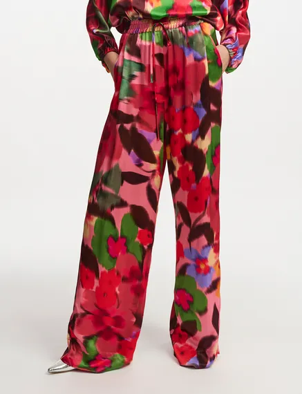 Multicolor floral print wide-leg pants