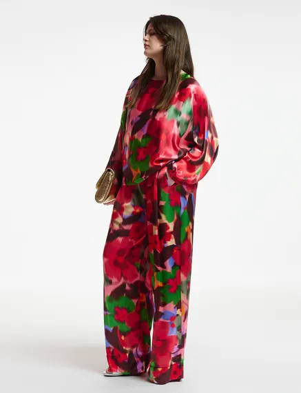 Multicolor floral print wide-leg pants