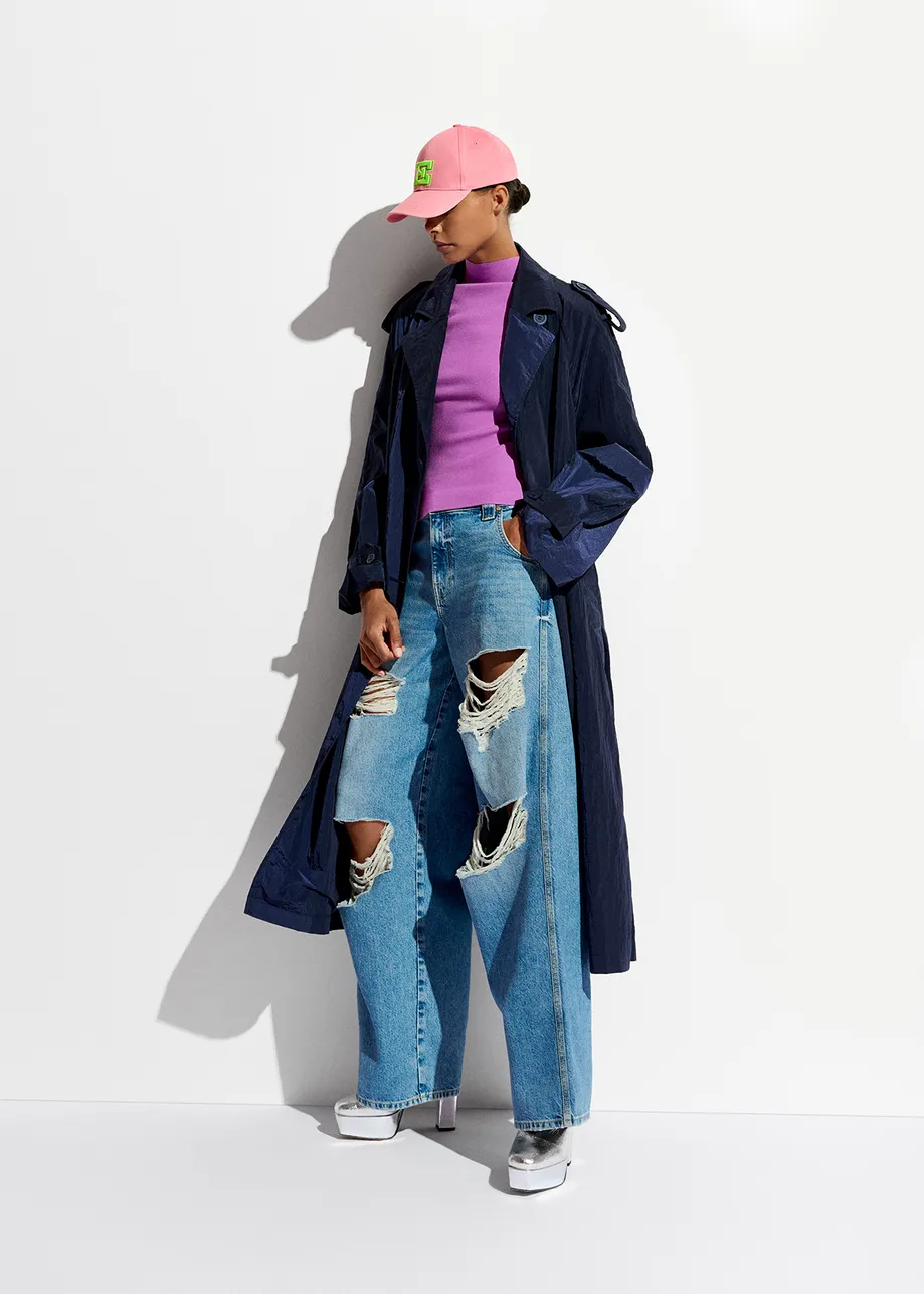 Navy blue double-breasted trench coat