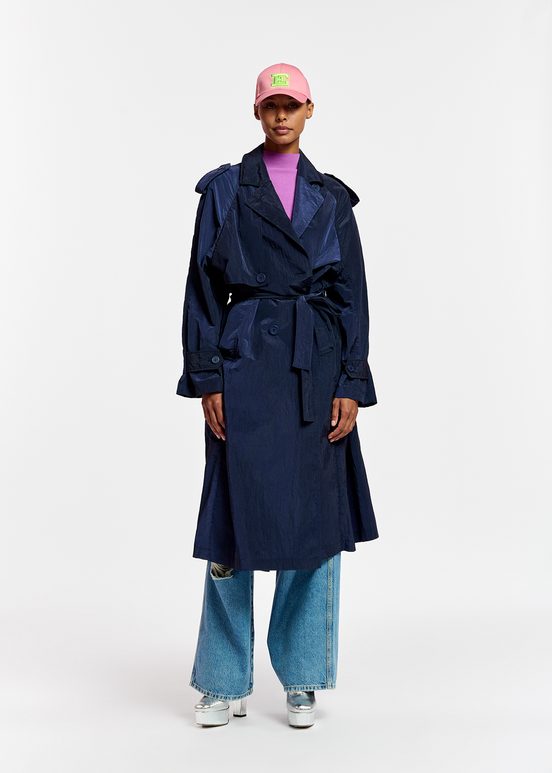 Navy blue double-breasted trench coat