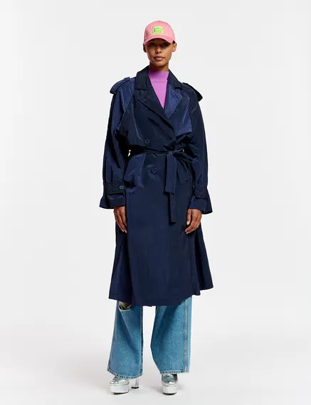 Navy blue double-breasted trench coat