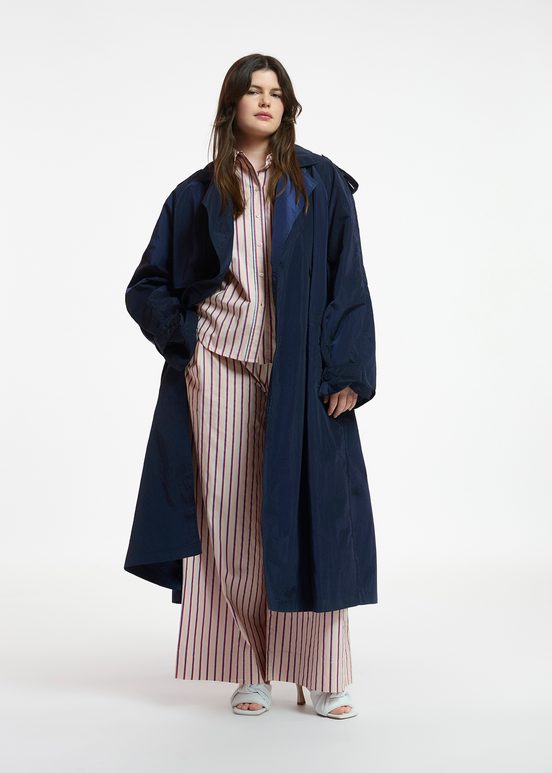 Navy blue double-breasted trench coat