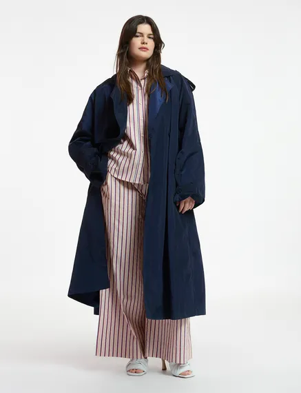 Navy blue double-breasted trench coat