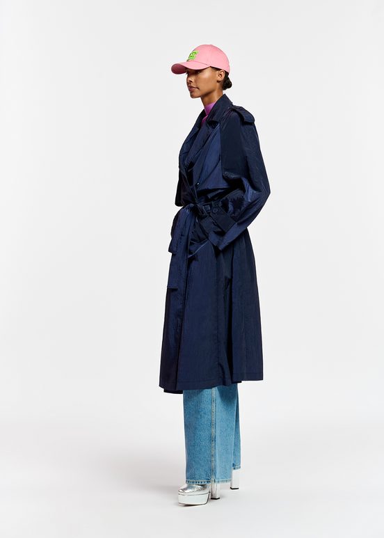 Navy blue double-breasted trench coat