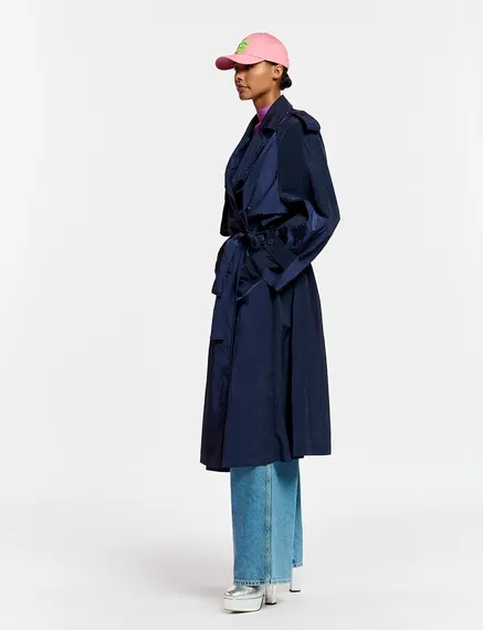 Navy blue double-breasted trench coat