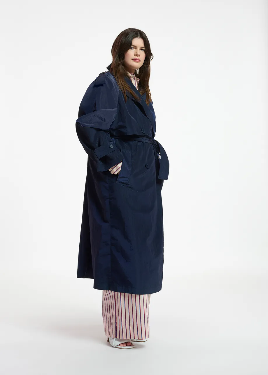 Navy blue double-breasted trench coat