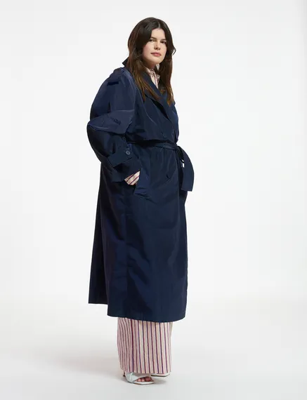 Navy blue double-breasted trench coat