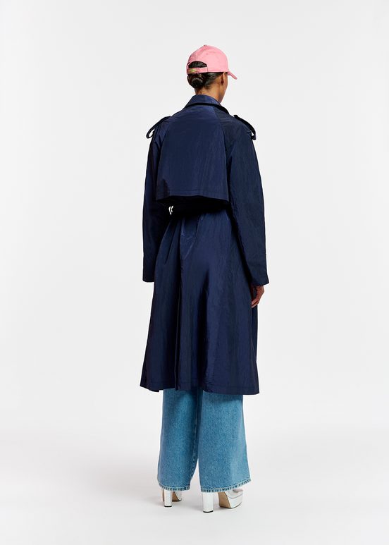 Navy blue double-breasted trench coat