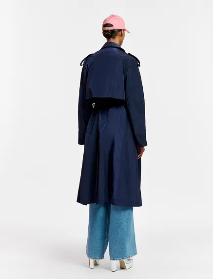 Navy blue double-breasted trench coat