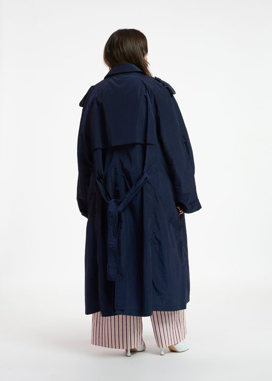 Navy blue double-breasted trench coat