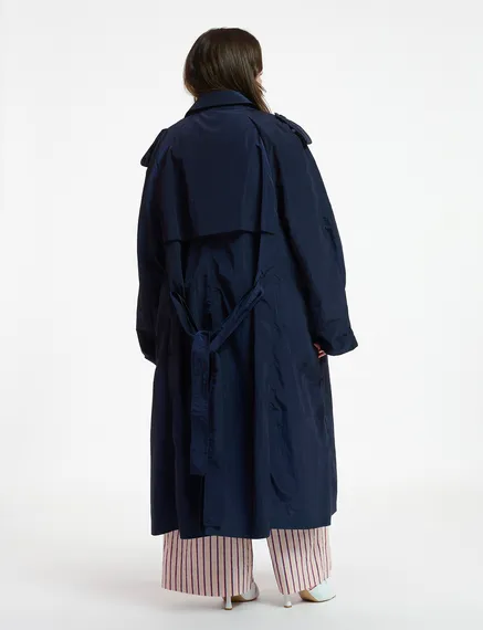 Navy blue double-breasted trench coat