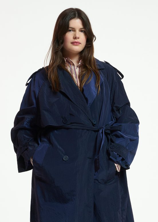 Navy blue double-breasted trench coat