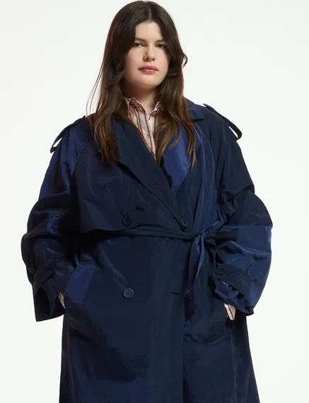 Navy blue double-breasted trench coat