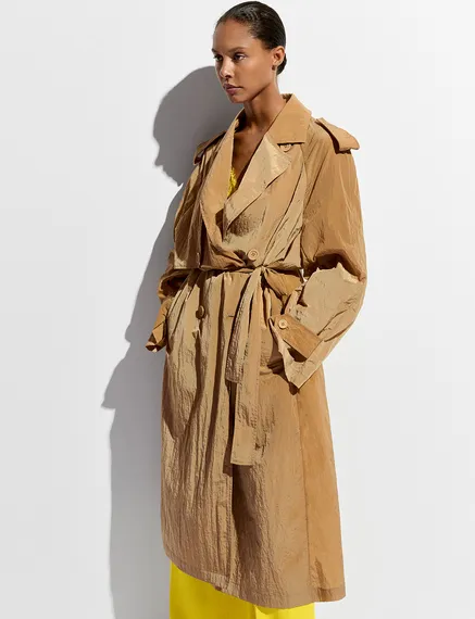 Camel double-breasted trench coat