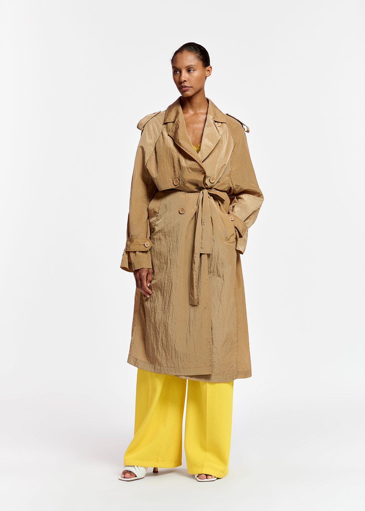 Camel double-breasted trench coat | Essentiel Antwerp Italia