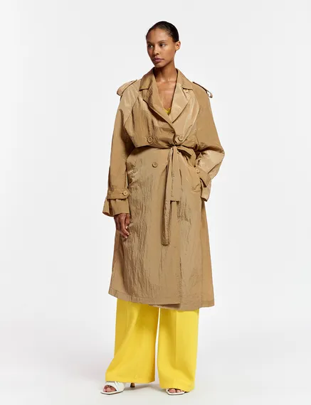 Camel double-breasted trench coat