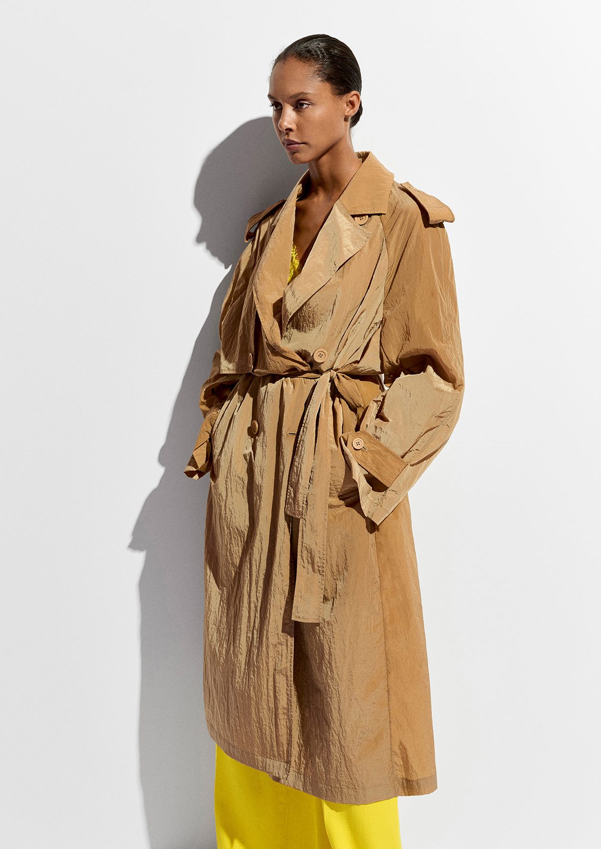 Camel double-breasted trench coat | Essentiel Antwerp United States