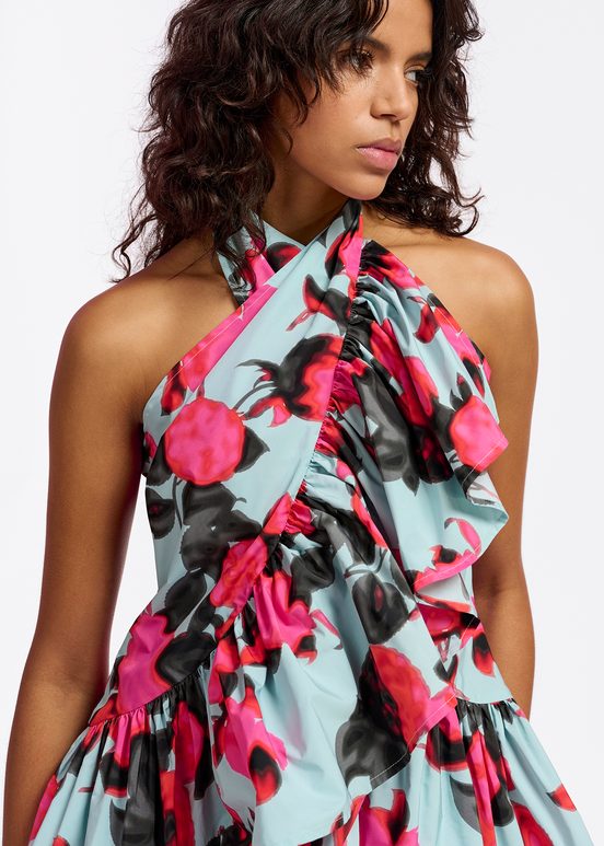 Light blue halter neck top with floral-print